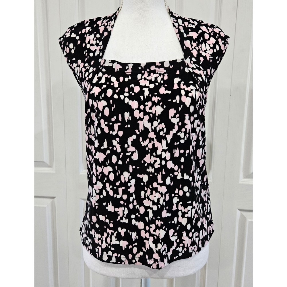 Pink White Polka Dot Black Blouse Square Neck w/ Spots KASPER Size Small